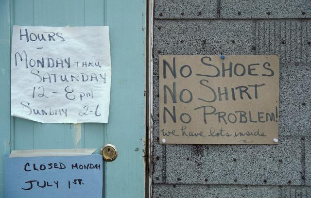 sign: "No Shoes, No Shirt, No Problem!", Dawson, Yukon