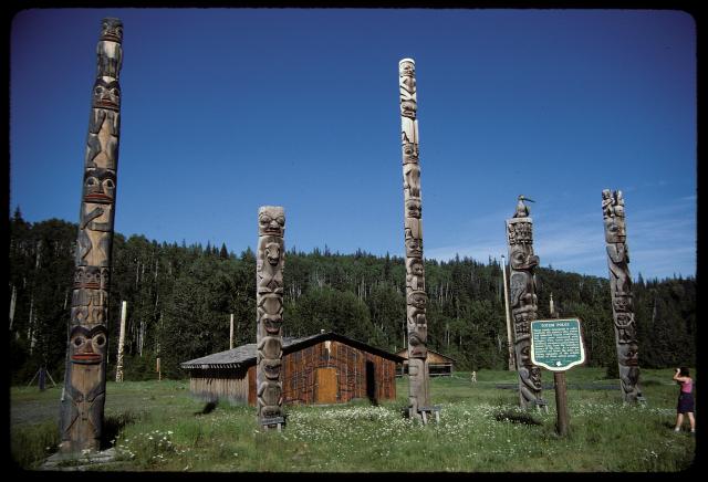 overall view of some totems (totem poles), Kitwancool, British Columbia, Canada