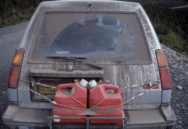 dusty back of Toyota Tercel 4WD wagon on the Dempster Highway