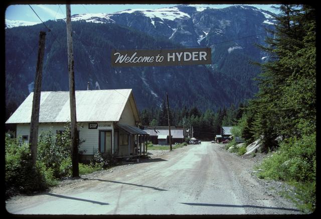 Entrance to Hyder, Alaska, USA, from Stewart, British Columbia, Canada