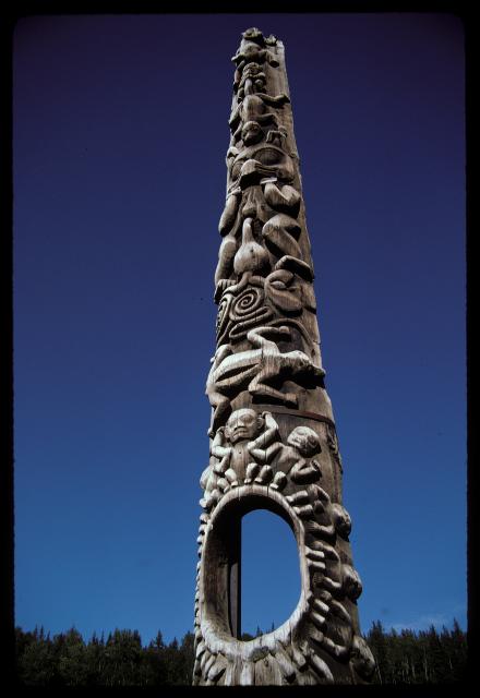 totem pole with a hole, Kitwancool, British Columbia, Canada